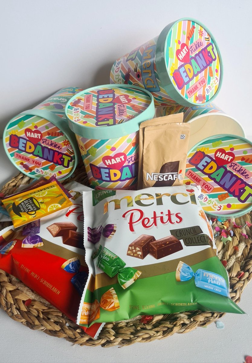 Bedankt Snoepbucket - Cadeaupakket met Merci, Thee & Cappuccino | Feestelijk Ingepakt